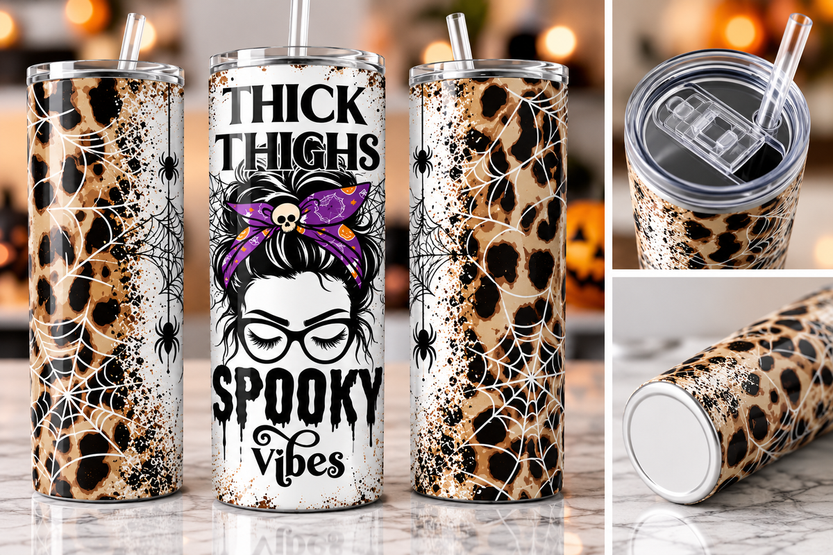 Thick Thighs Spooky Vibes 20 oz Skinny Tumbler | Leopard Print Halloween Tumbler