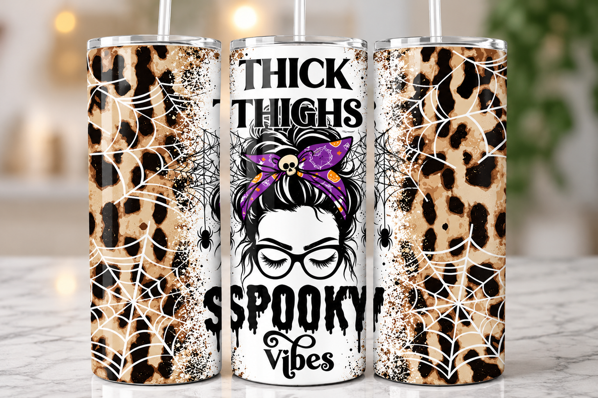 Thick Thighs Spooky Vibes 20 oz Skinny Tumbler | Leopard Print Halloween Tumbler