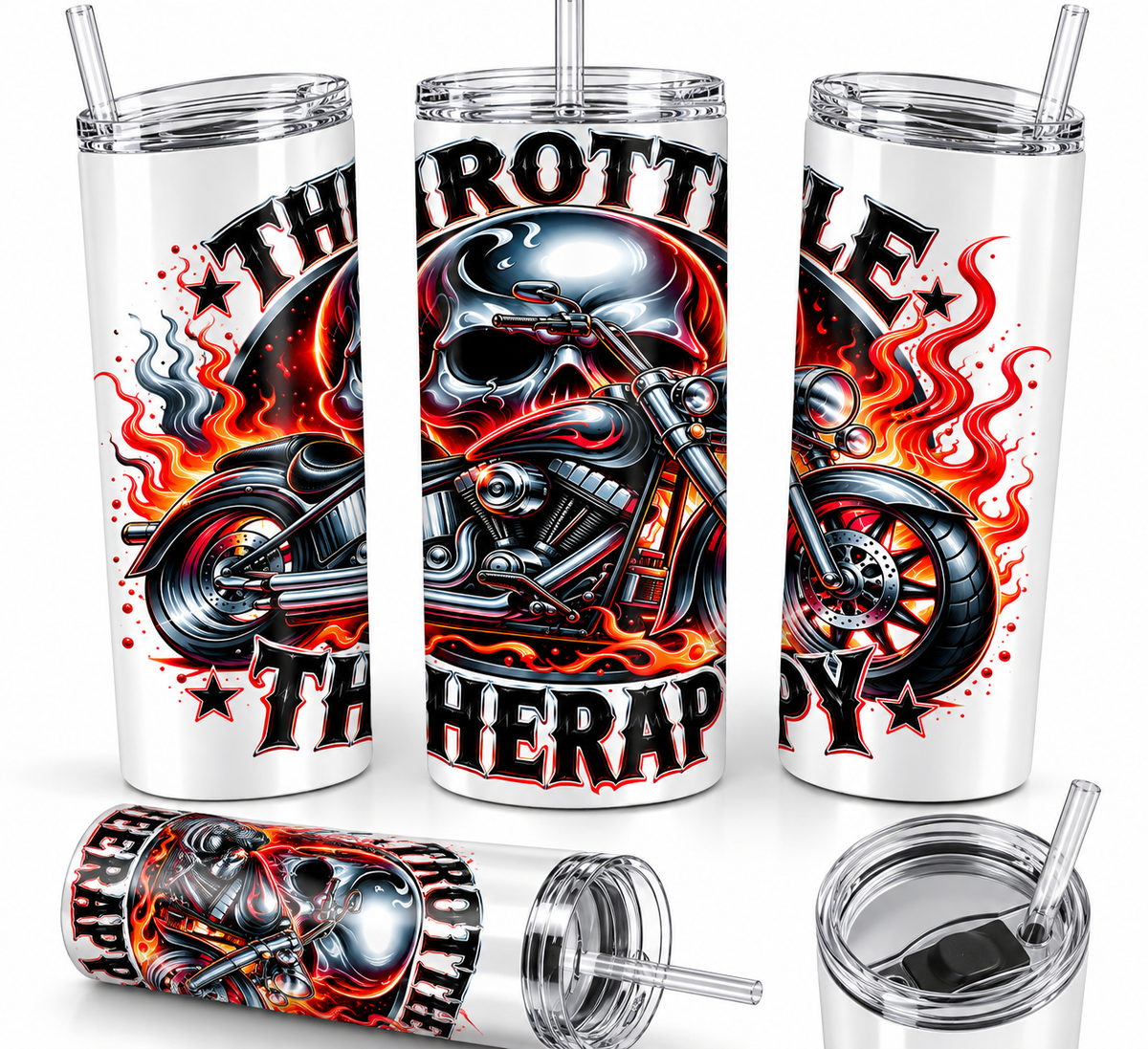 Throttle Therapy 20oz Skinny Tumbler | Biker Motorcycle Skull Cup